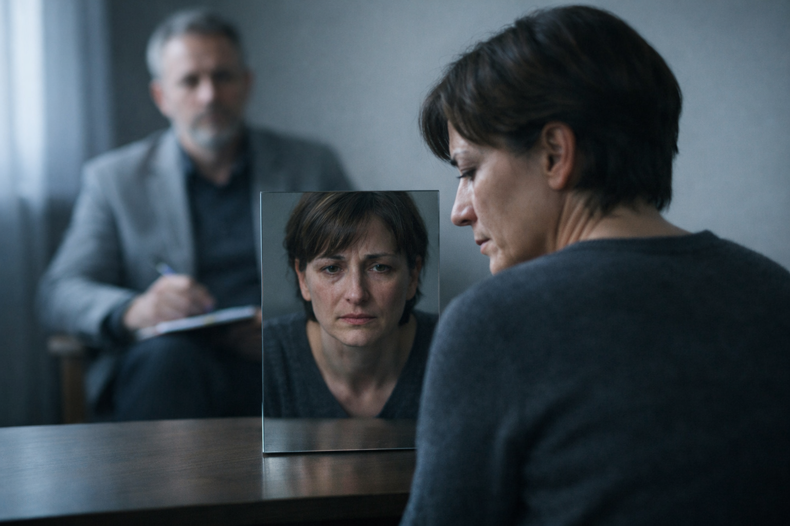 Persona adulta in seduta psicologica evita lo sguardo mentre il proprio volto riflesso mostra vulnerabilità emotiva, con lo psicologo sullo sfondo