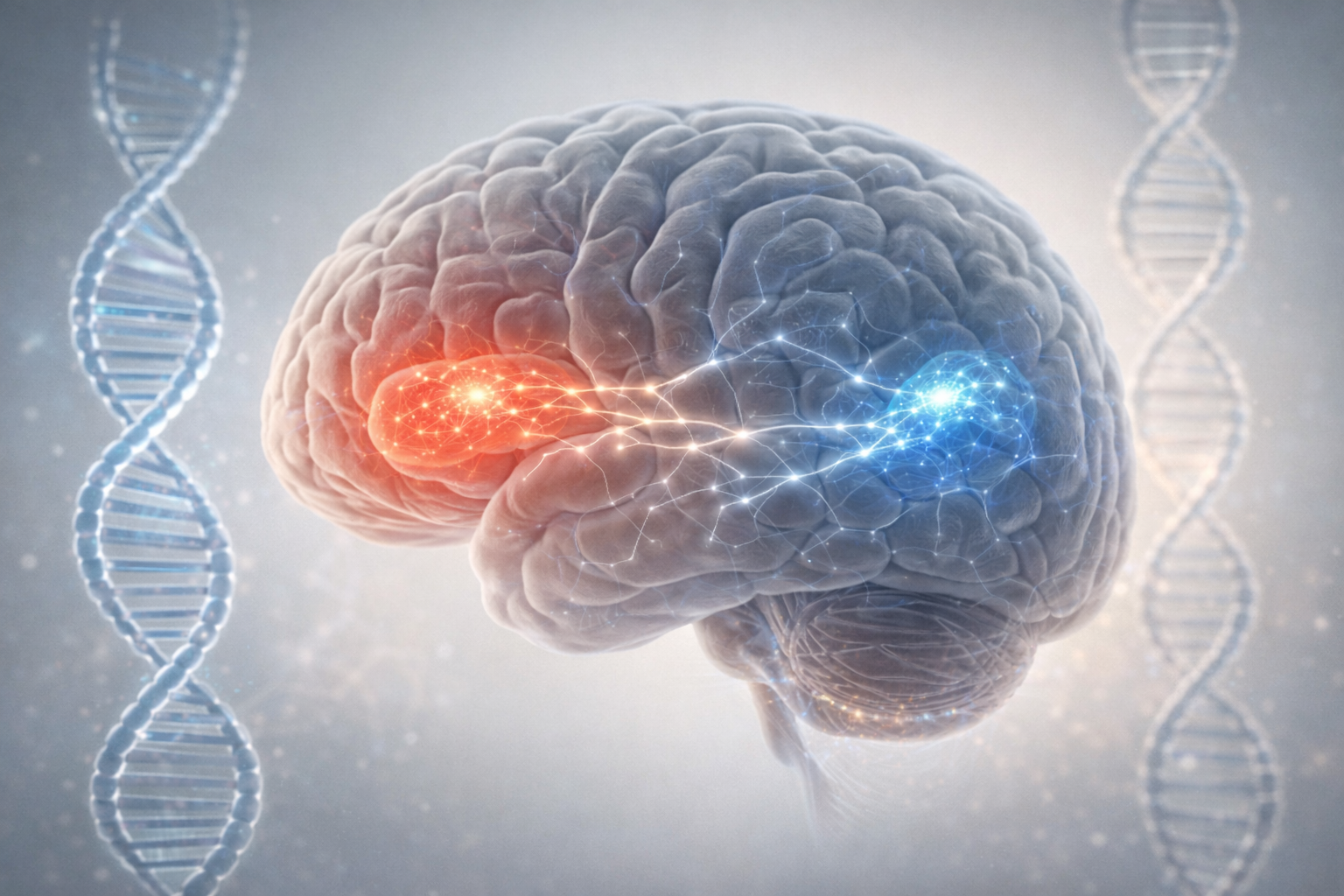 Cervello umano semi-trasparente con aree di Broca e Wernicke evidenziate e connessioni neuronali luminose, con eliche di DNA sullo sfondo a rappresentare le basi genetiche del linguaggio