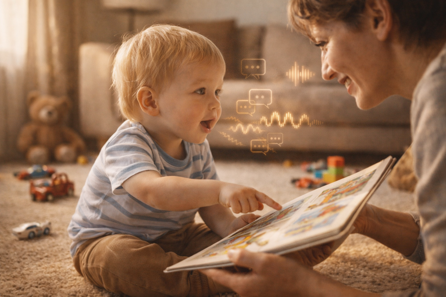 Bambino di circa 2 anni indica un’immagine su un libro illustrato mentre un genitore sorride e mantiene il contatto visivo, simbolo delle prime tappe dello sviluppo linguistico