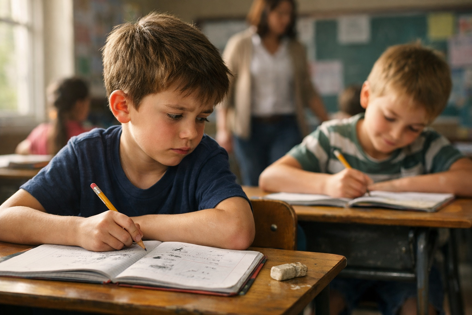 Bambino in difficoltà in classe elementare guarda il compagno mentre scrive, quaderno con esercizi cancellati e gomma consumata sul banco, luce naturale laterale.