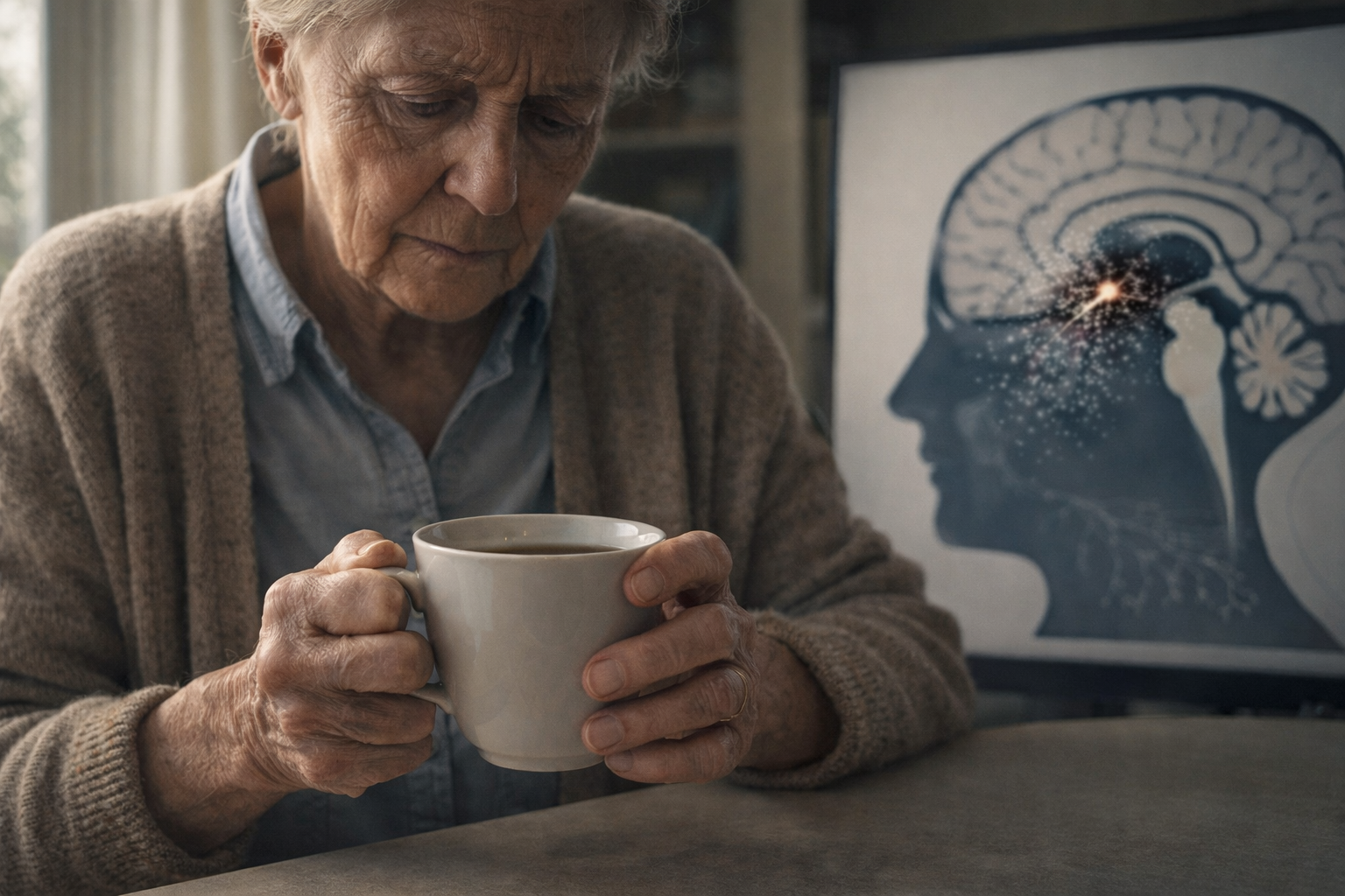 Anziano con tremore alle mani mentre tiene una tazza di tè, con illustrazione cerebrale della substantia nigra e perdita di dopamina sullo sfondo, rappresentazione della malattia di Parkinson.