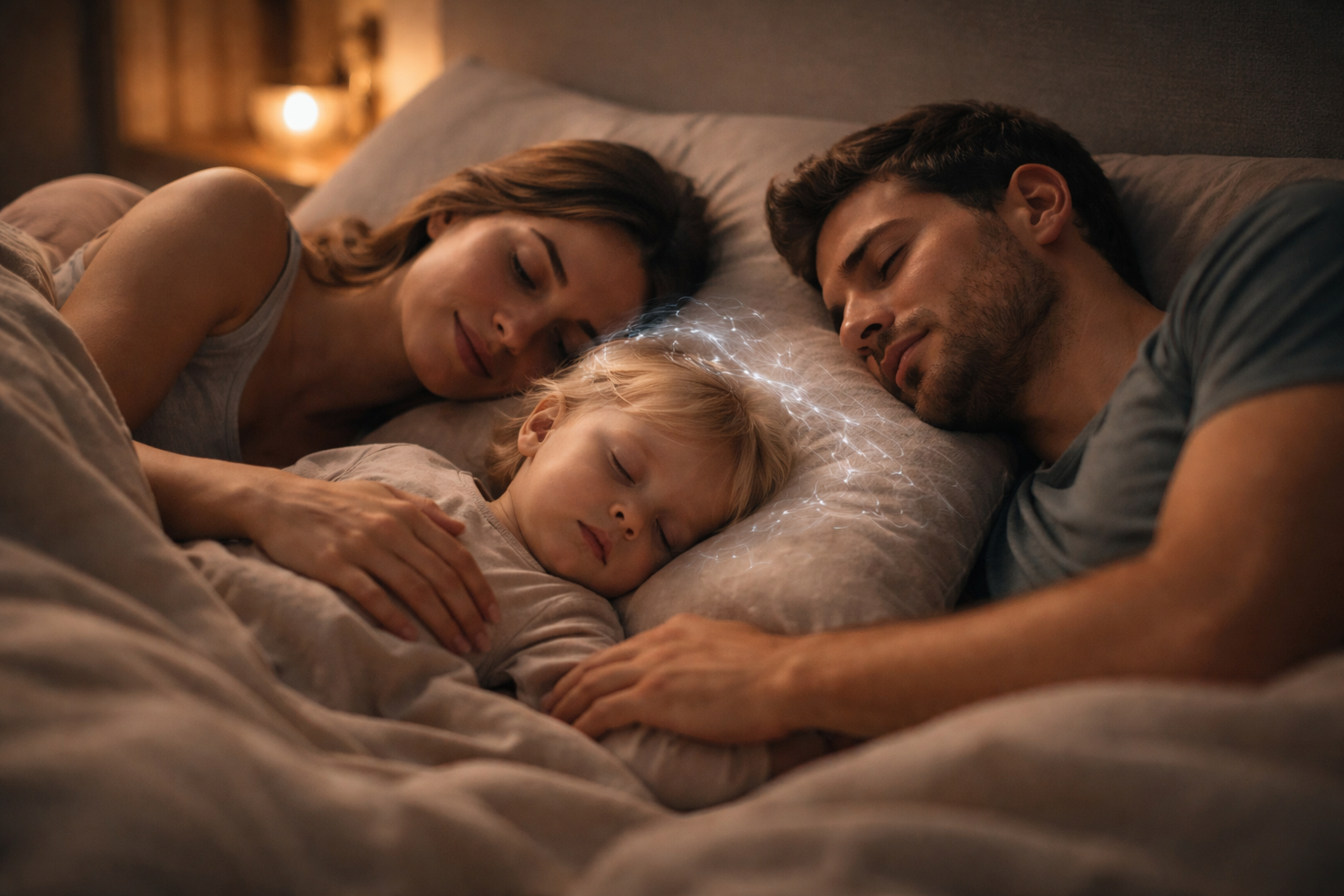 Famiglia che pratica co-sleeping: genitori dormono accanto al loro bambino in un letto condiviso, con luce soffusa e leggere tracce luminose che simboleggiano lo sviluppo cerebrale del bambino.