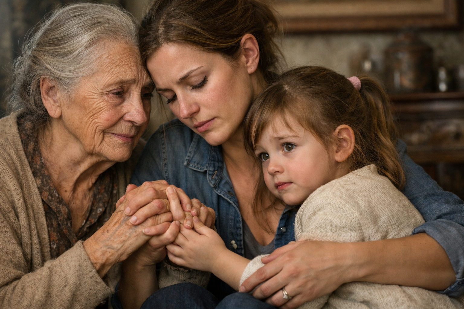 Tre generazioni di donne – nonna, madre e bambina – si tengono per mano in un momento di intensa connessione emotiva e vulnerabilità, simbolo del trauma intergenerazionale e della trasmissione emotiva familiare.