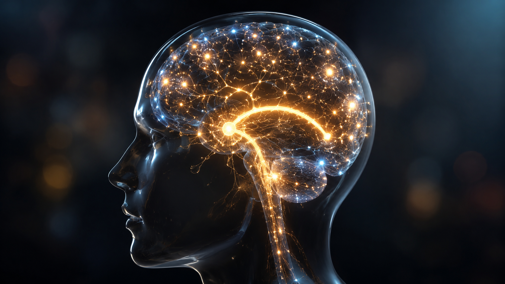 Profilo di un volto umano in vetro scuro con all'interno i circuiti cerebrali e le sinapsi illuminate di luce dorata, che simboleggiano il meccanismo del rinforzo positivo e della dopamina nel cervello.