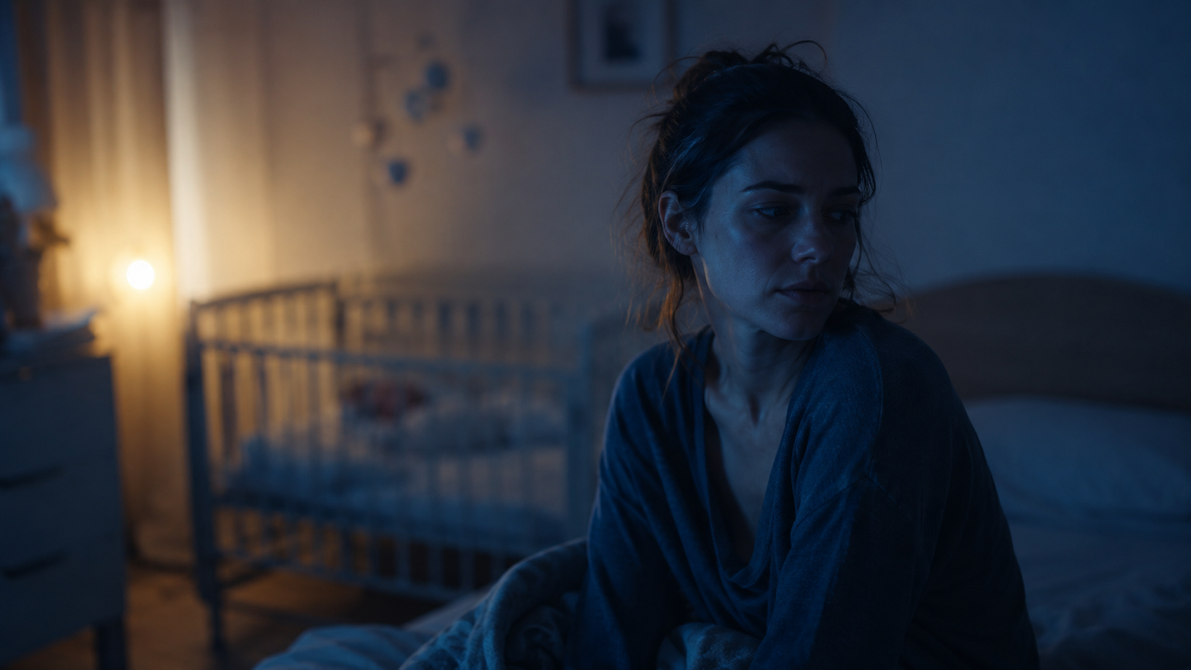 Madre seduta sul letto durante il post parto, visibilmente esausta e distante emotivamente, mentre una culla sfocata appare sullo sfondo in una camera illuminata da luci fredde e calde simboliche.