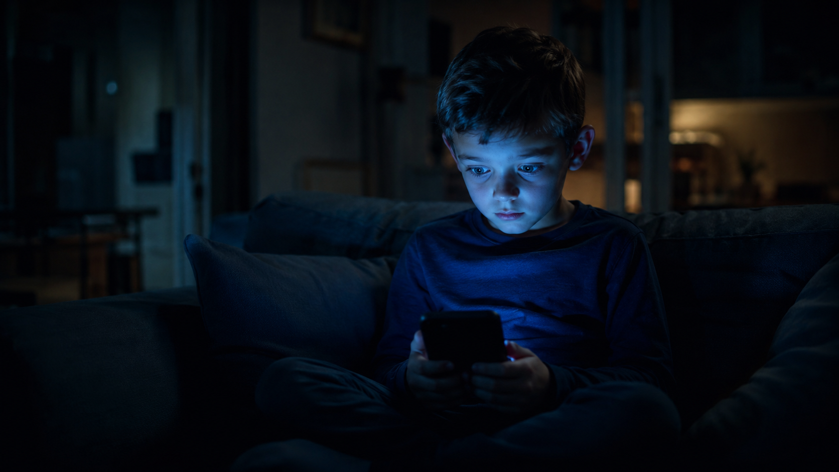 Bambino seduto sul divano in una stanza poco illuminata mentre osserva uno smartphone, con il volto illuminato dalla luce blu dello schermo.